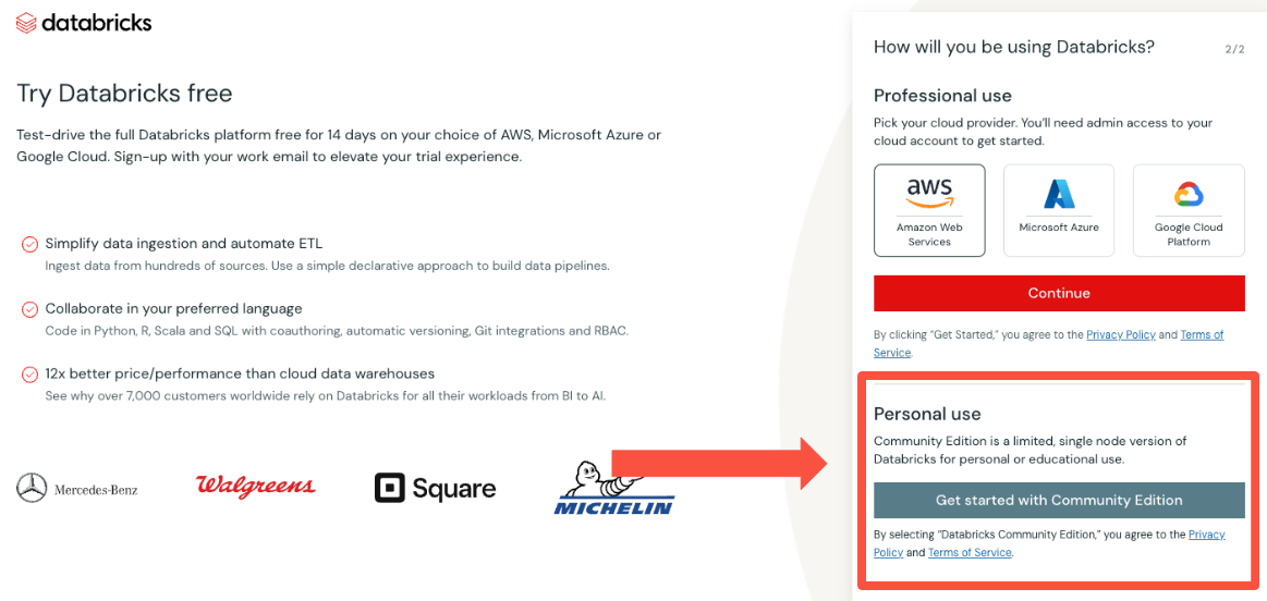 Databricks CE Signup Page