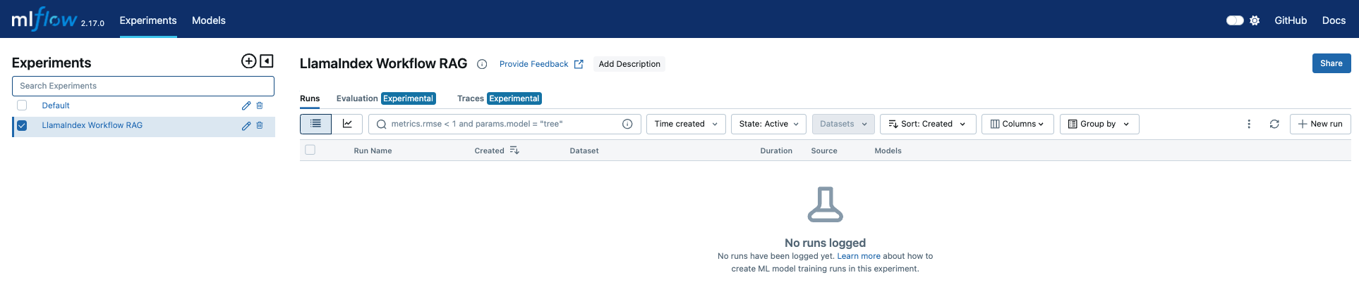 Empty MLflow Experiment