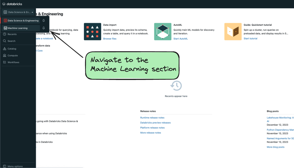 Navigate to ML Section of Databricks CE