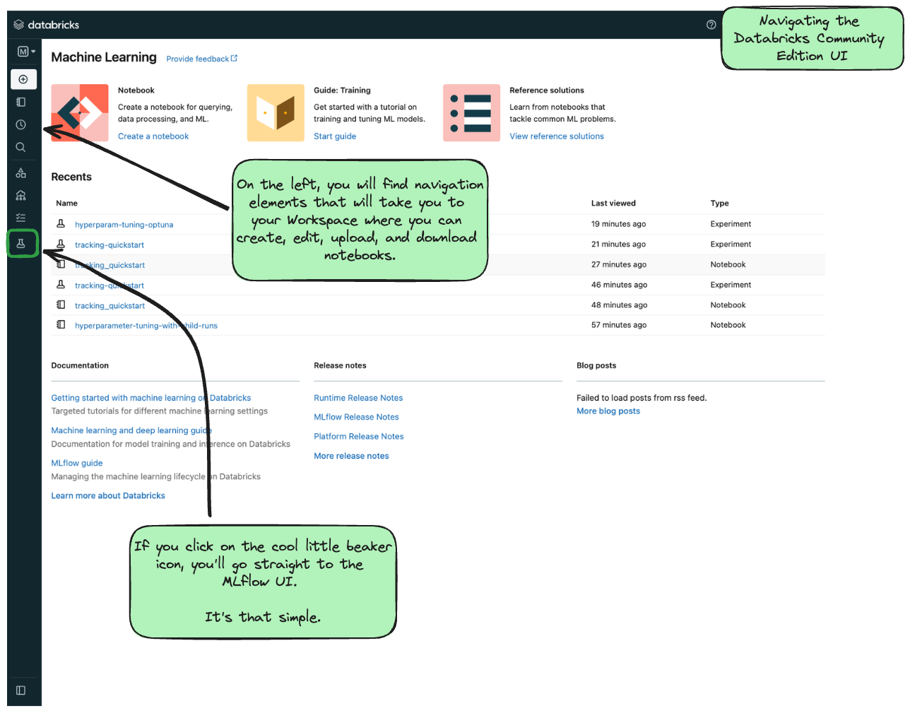 Navigate to the MLflow UI on Databricks CE