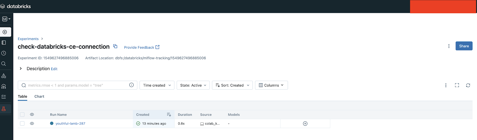 Experiment view of Databricks MLflow server