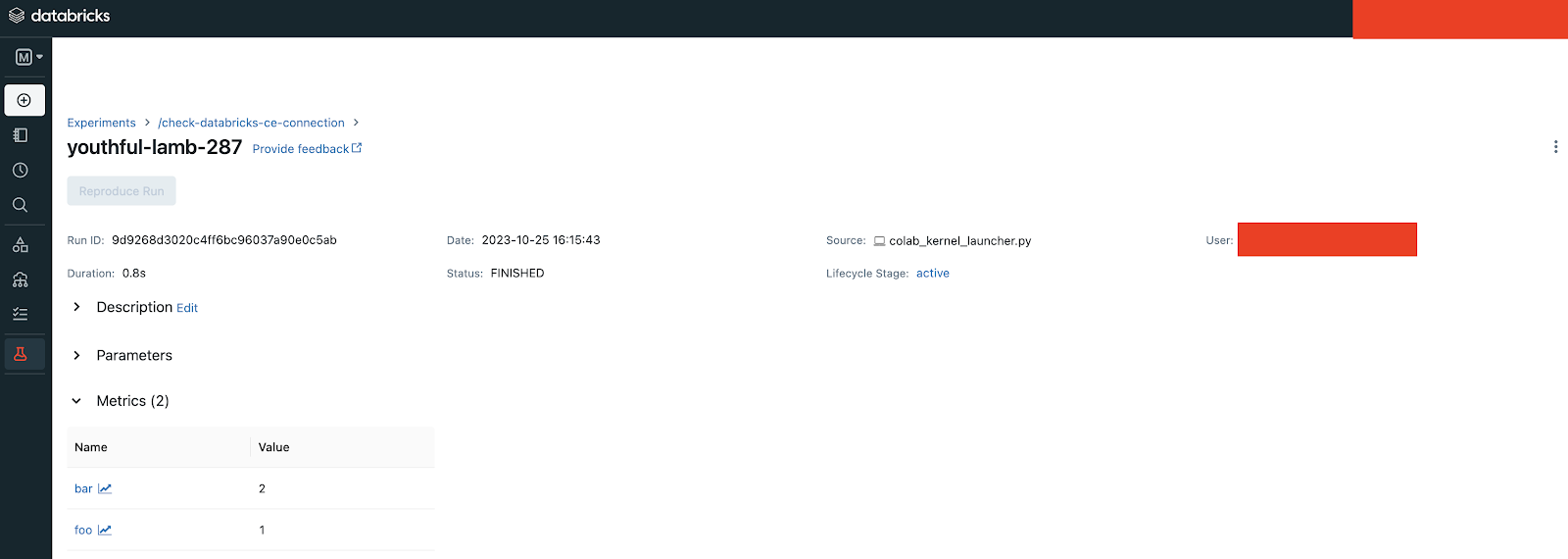 Run view of Databricks MLflow server