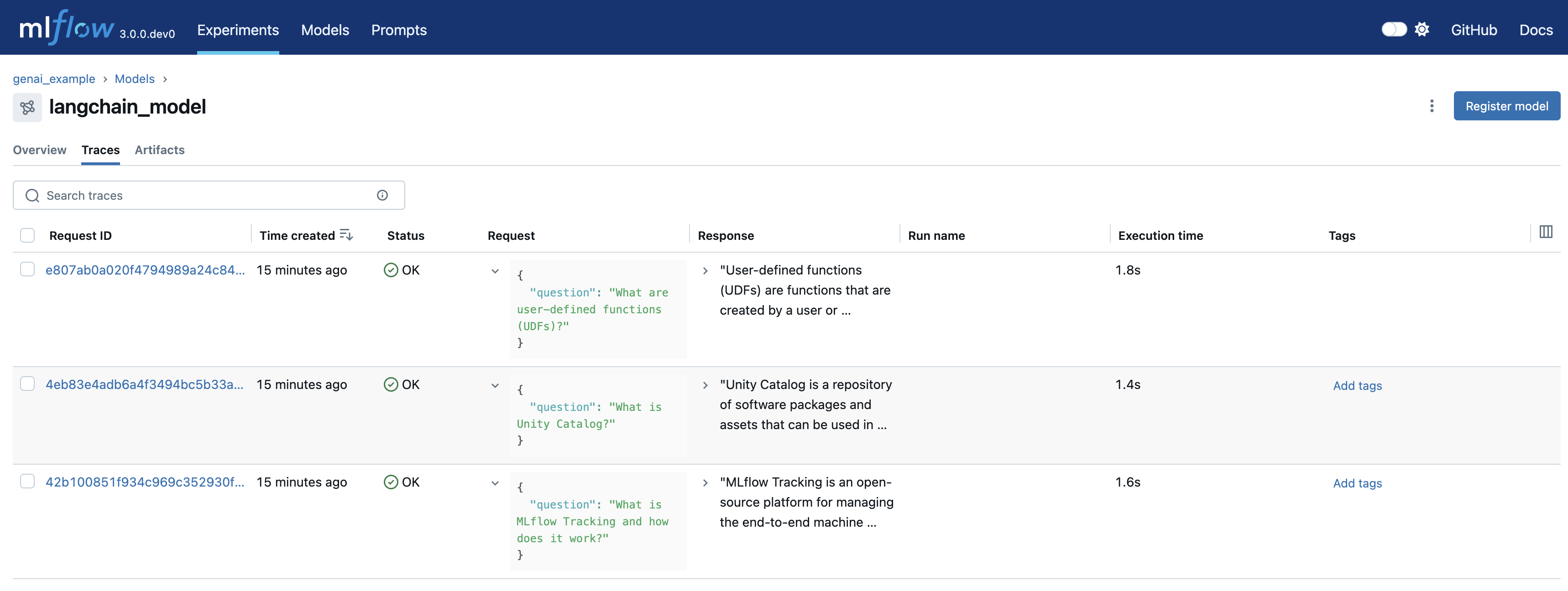 The MLflow UI showing the logged model autolog traces
lineage