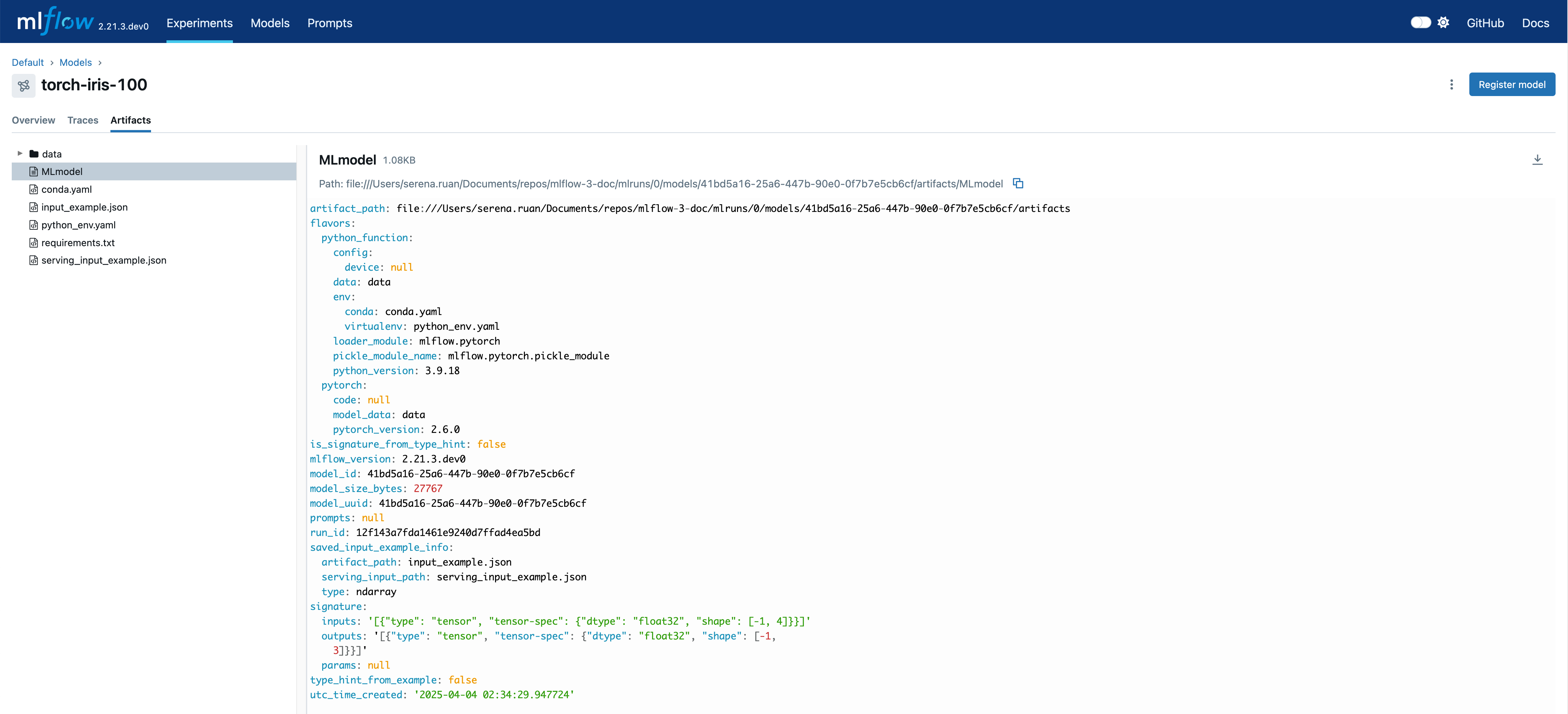 The MLflow UI showing the model
artifacts