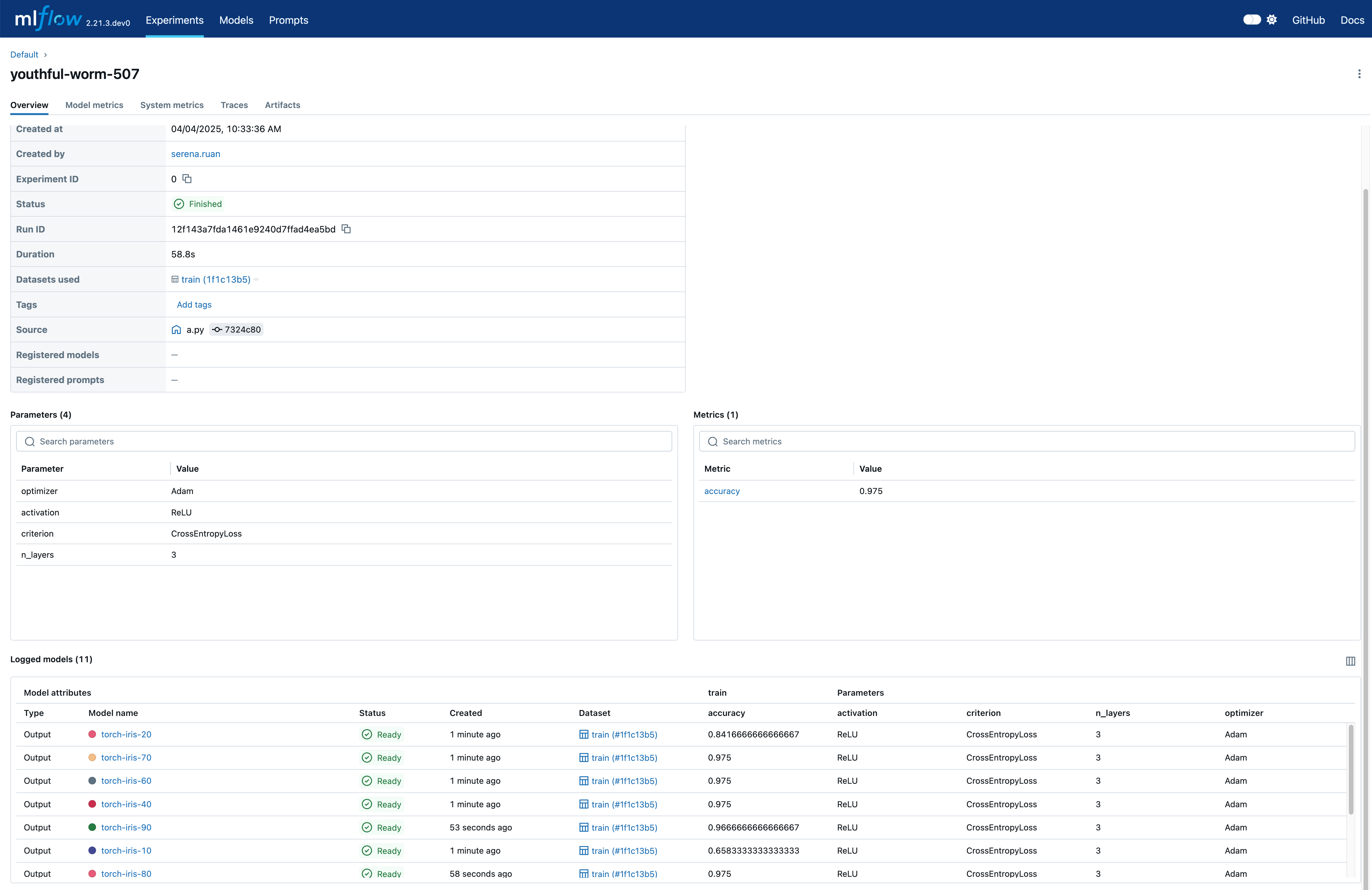 The MLflow UI showing the run page with logged
models