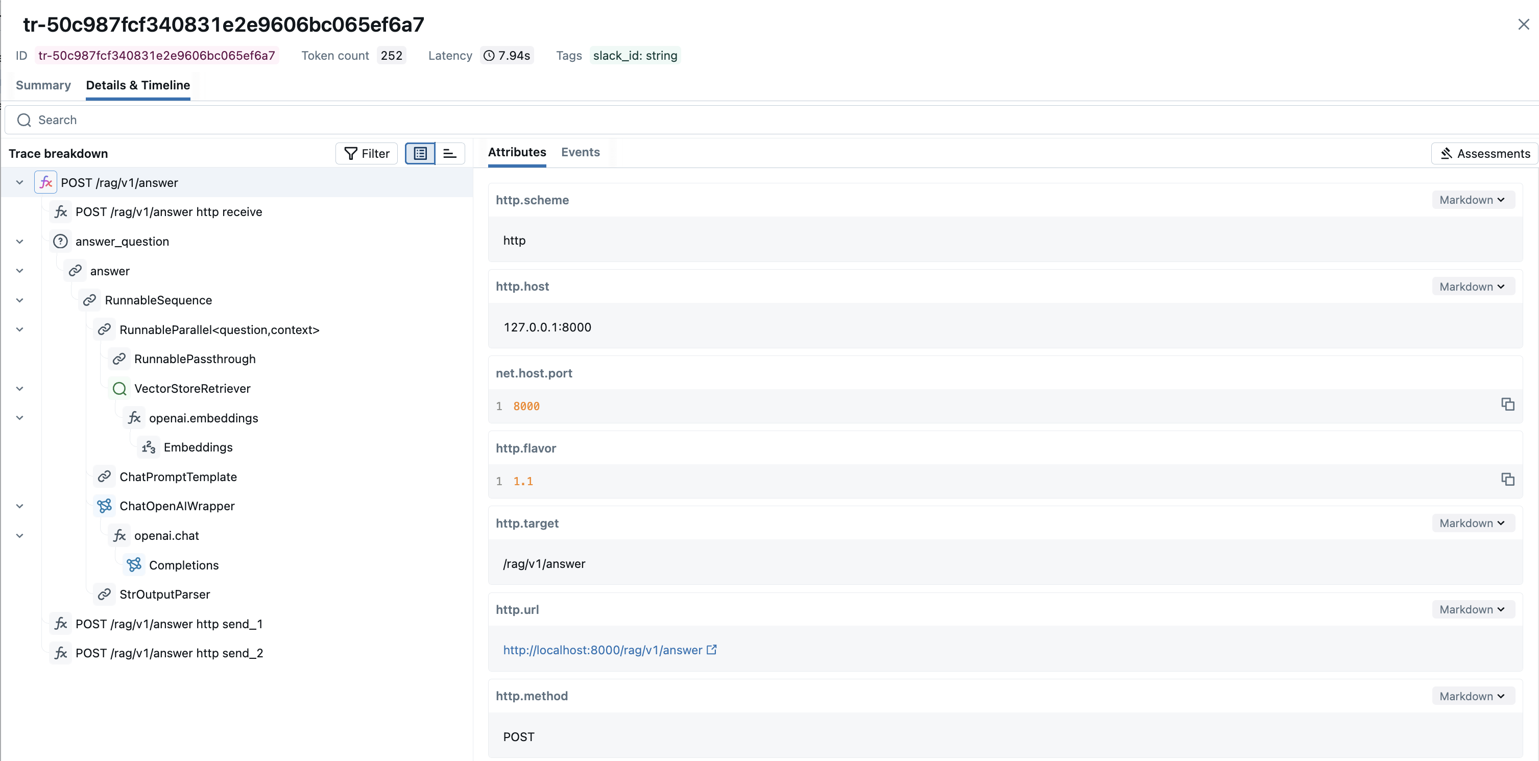 The MLflow UI showing the MLflow and OpenTelemetry combined spans