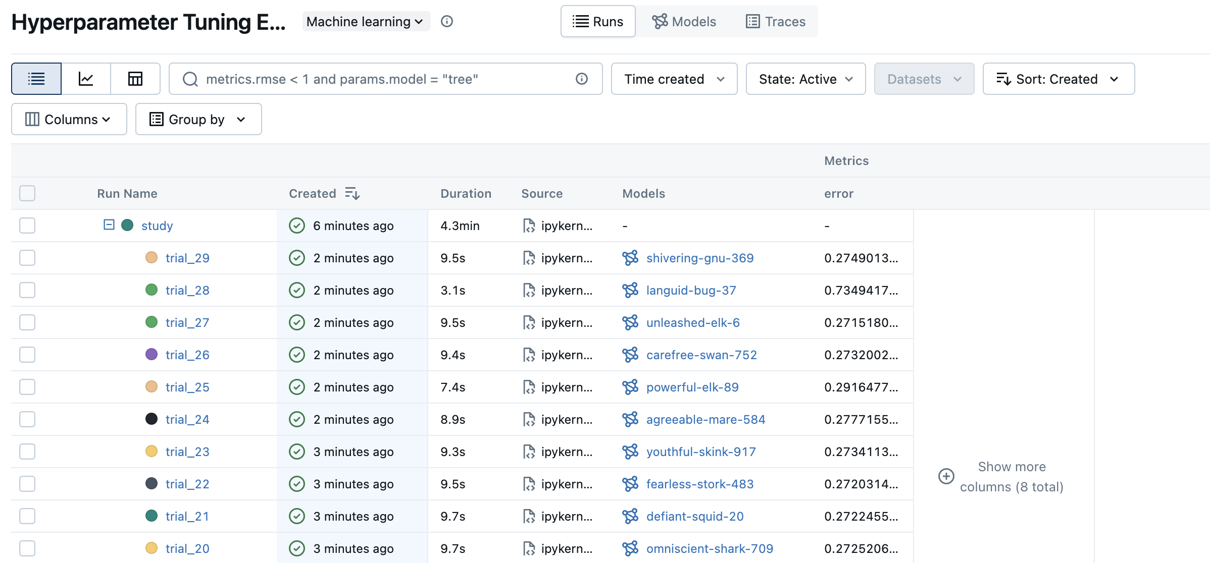 MLflow UI Run list page